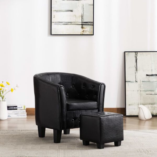 vidaXL Tub Chair with Footstool Black Faux Leather