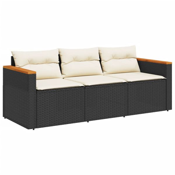 vidaXL Garden Sofa with Cushions 3-Seater Black Poly Rattan