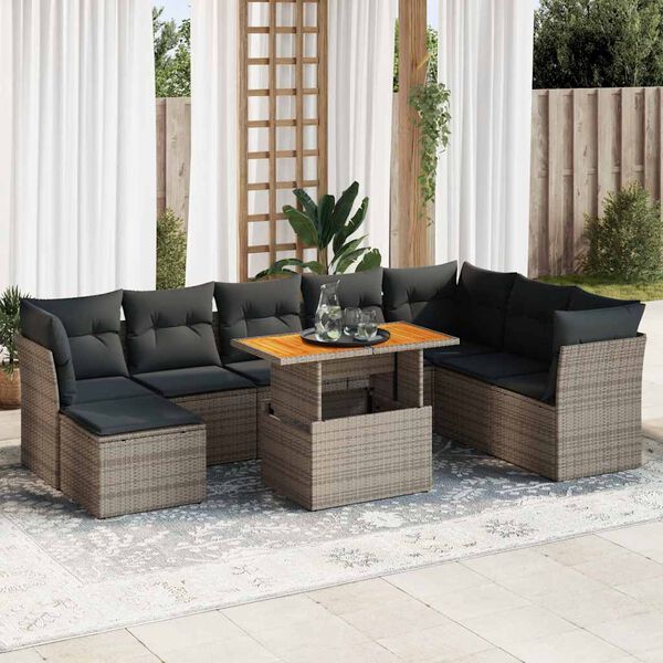 vidaXL 9 Piece Garden Sofa Set with Cushions Grey Poly Rattan