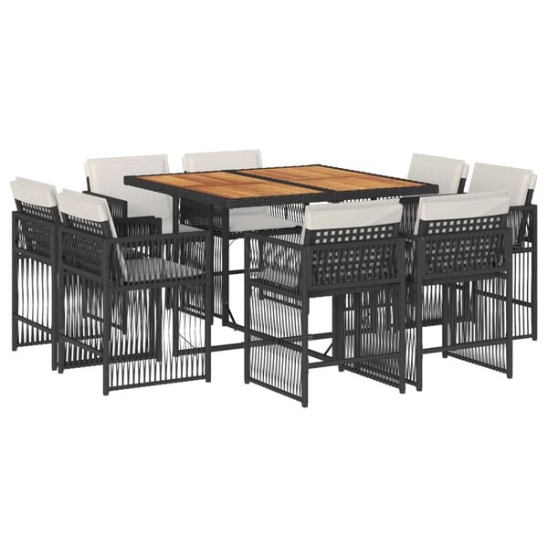 vidaXL 9 Piece Garden Dining Set with Cushions Black Poly Rattan