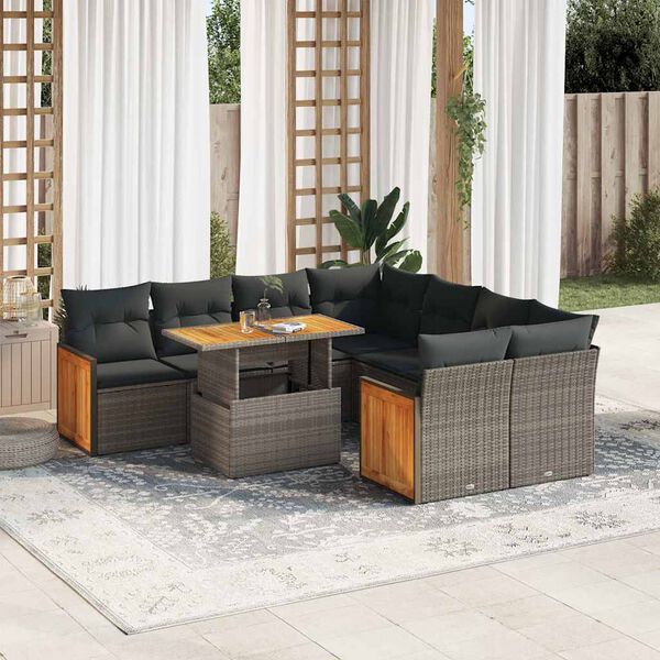 vidaXL 9 Piece Garden Sofa Set with Cushions Grey Poly Rattan Acacia