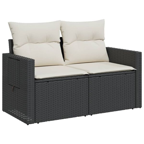 vidaXL Garden Sofa with Cushions 2-Seater Black Poly Rattan