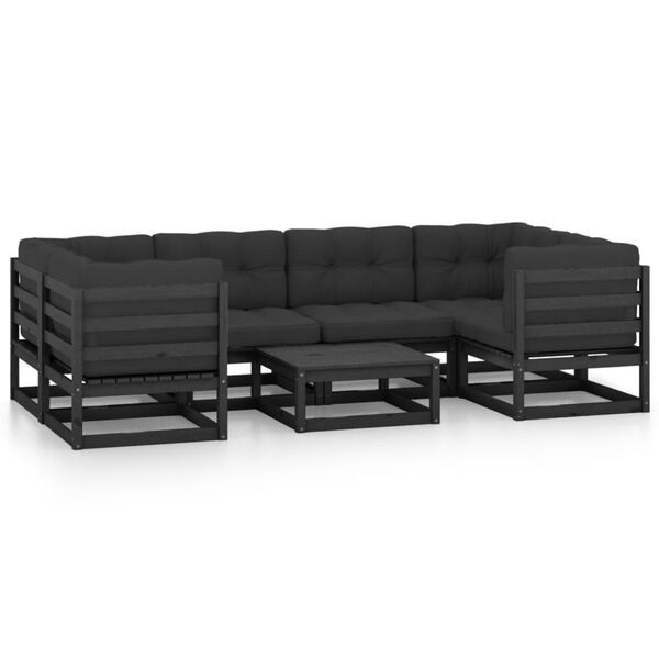 vidaXL 7 Piece Garden Lounge Set with Cushions Black Solid Wood Pine