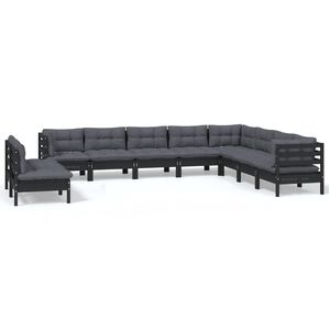 vidaXL 10 Piece Garden Lounge Set with Cushions Black Solid Pinewood