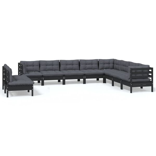 vidaXL 10 Piece Garden Lounge Set with Cushions Black Solid Pinewood