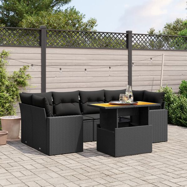 vidaXL 7 Piece Garden Sofa Set with Cushions Black Poly Rattan