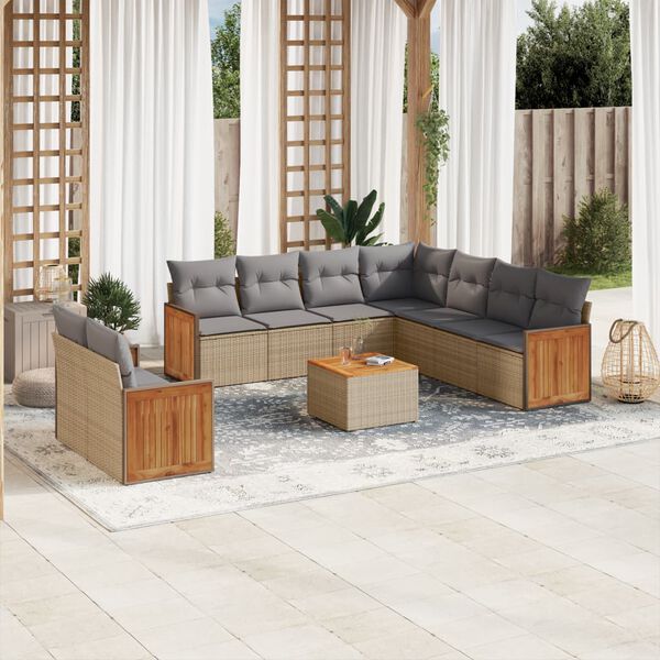 vidaXL 10 Piece Garden Sofa Set with Cushions Beige Poly Rattan