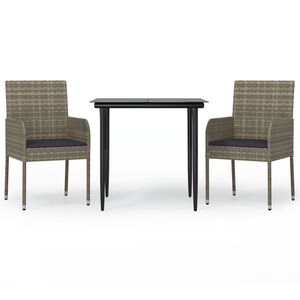 vidaXL 3 Piece Garden Dining Set with Cushions Black and Grey Poly Rattan