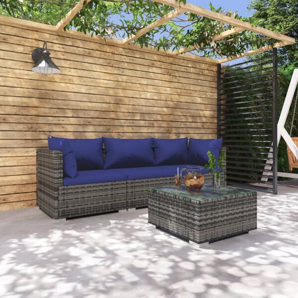vidaXL 4 Piece Garden Lounge Set with Cushions Poly Rattan Grey