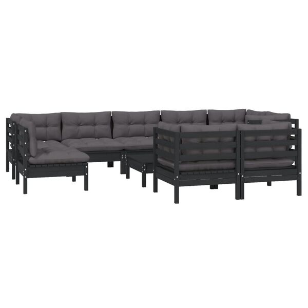 vidaXL 10 Piece Garden Lounge Set with Cushions Black Solid Pinewood
