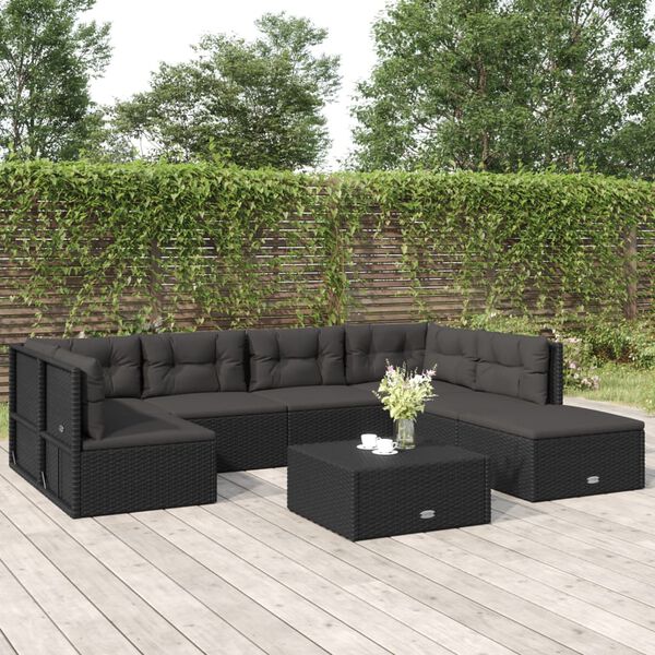 vidaXL 7 Piece Outdoor Sofa Set with Cushions Black Poly Rattan