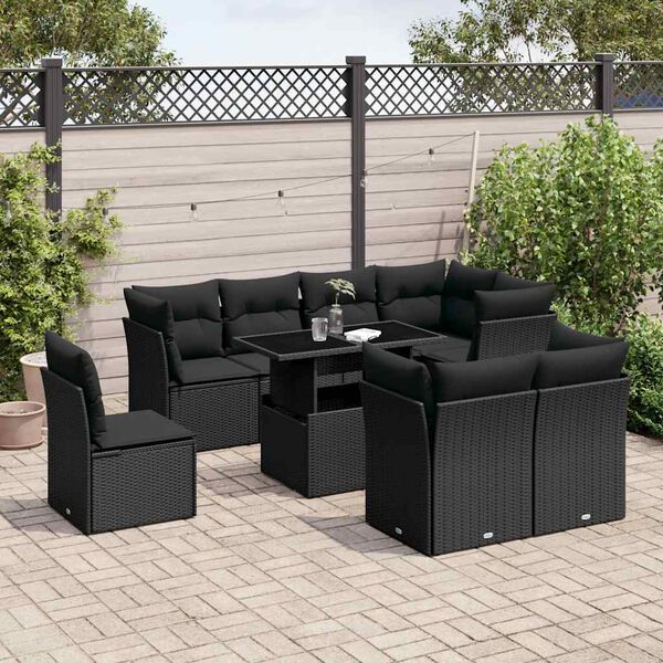 vidaXL 9 Piece Garden Sofa Set with Cushions Black Poly Rattan
