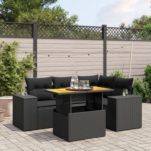 vidaXL 5 Piece Garden Sofa Set with Cushions Black Poly Rattan