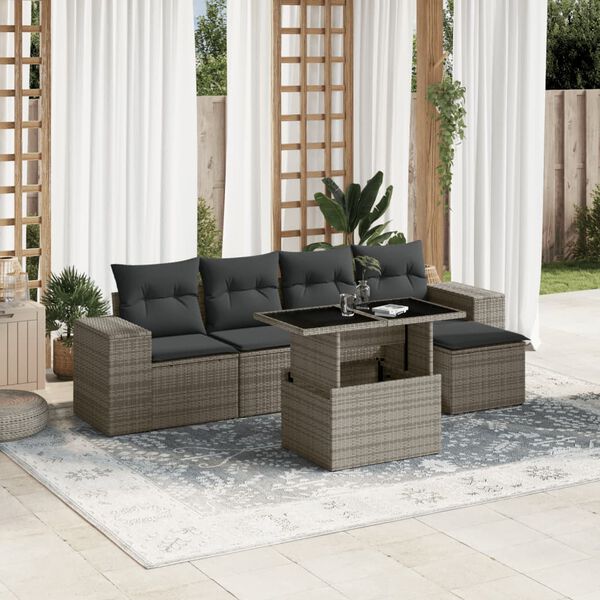 vidaXL 6 Piece Garden Sofa Set with Cushions Grey Poly Rattan