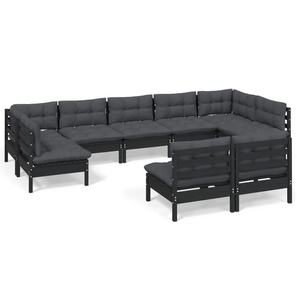 vidaXL 9 Piece Garden Lounge Set with Cushions Black Solid Pinewood