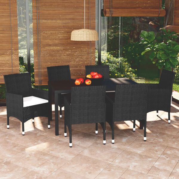 vidaXL 7 Piece Garden Dining Set with Cushions Poly Rattan Black