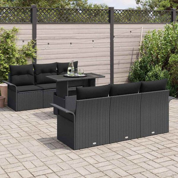 vidaXL Garden Sofa Set with Cushion 7 pcs Black Poly Rattan