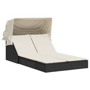 vidaXL Double Sun Lounger with Canopy and Cushions Black Poly Rattan