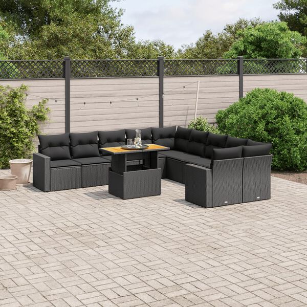 vidaXL 11 Piece Garden Sofa Set with Cushions Black Poly Rattan