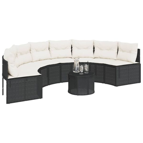 vidaXL Garden Sofa with Table and Cushions Half-Round Black Poly Rattan
