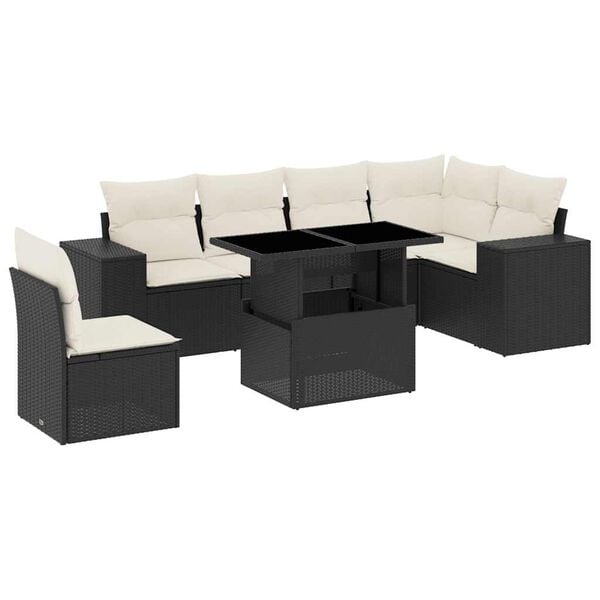 vidaXL 7 Piece Garden Sofa Set with Cushions Black Poly Rattan