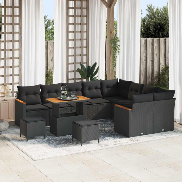 vidaXL Garden Sofa Set with Cushion 12 pcs Black Poly Rattan