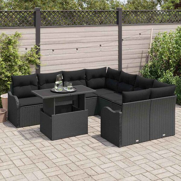 vidaXL Garden Sofa Set with Cushion 9 pcs Black Poly rattan
