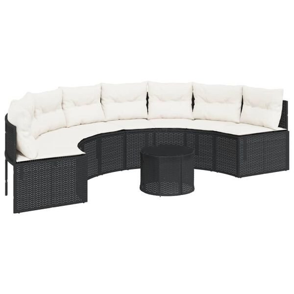 vidaXL Garden Sofa with Table and Cushions Half-Round Black Poly Rattan