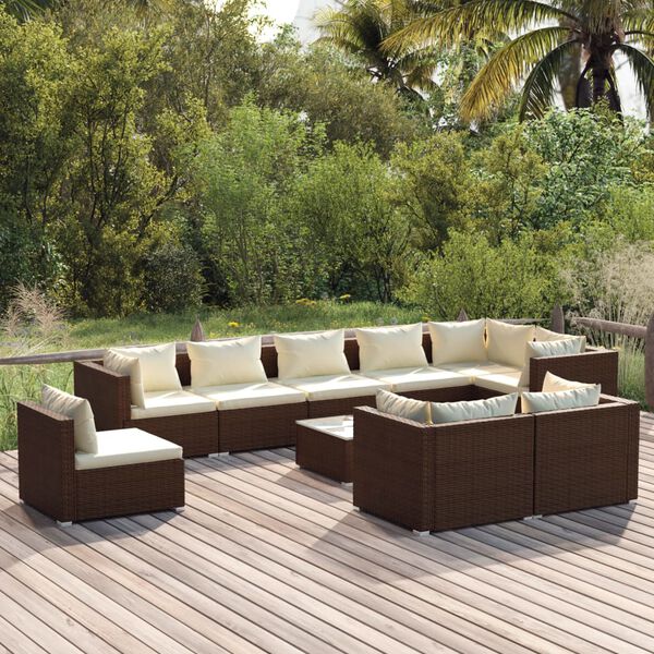 vidaXL 10 Piece Garden Lounge Set with Cushions Poly Rattan Brown