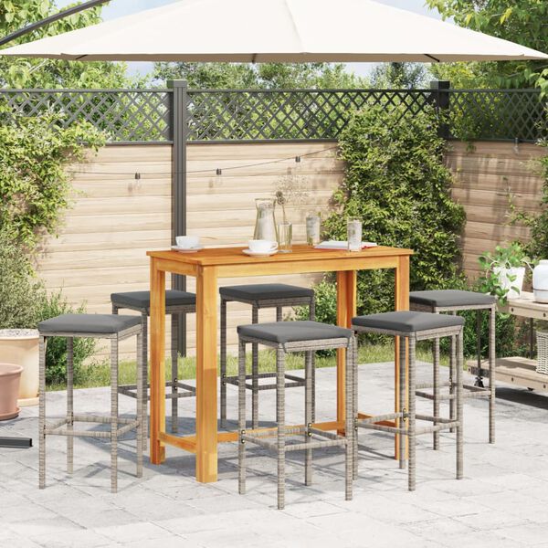 vidaXL 7 Piece Garden Bar Set Grey Solid Wood Acacia and Poly Rattan