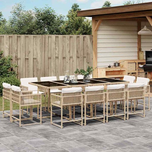 vidaXL 13 Piece Garden Dining Set with Cushions Beige Poly Rattan