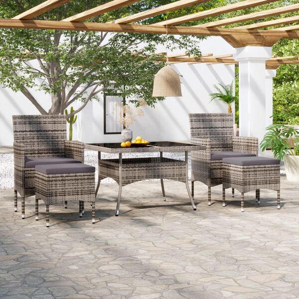 vidaXL 5 Piece Garden Dining Set Poly Rattan and Tempered Glass Grey