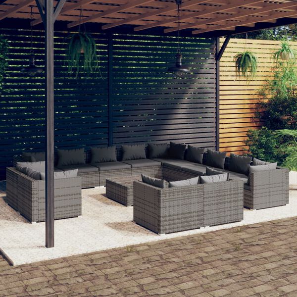 vidaXL 14 Piece Garden Lounge Set with Cushions Grey Poly Rattan