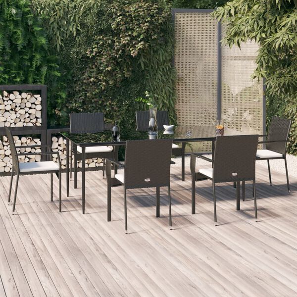 vidaXL 7 Piece Garden Dining Set with Cushions Black Poly Rattan