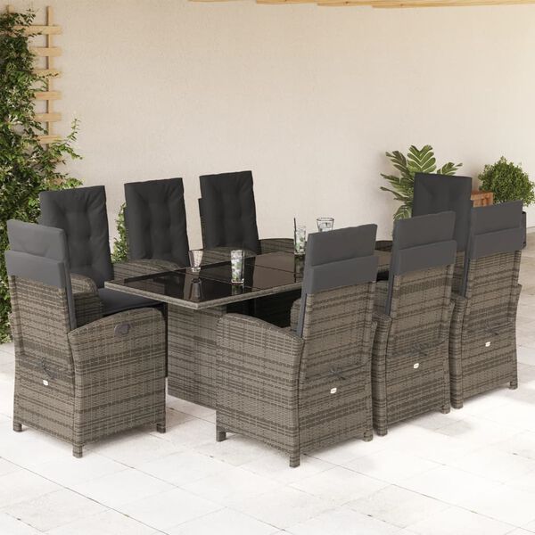 vidaXL 9 Piece Garden Dining Set with Cushions Grey Poly Rattan