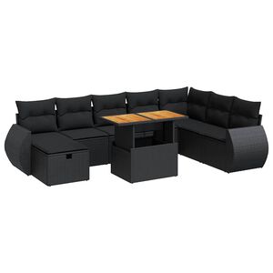 vidaXL 9 Piece Garden Sofa Set with Cushions Black Poly Rattan Acacia