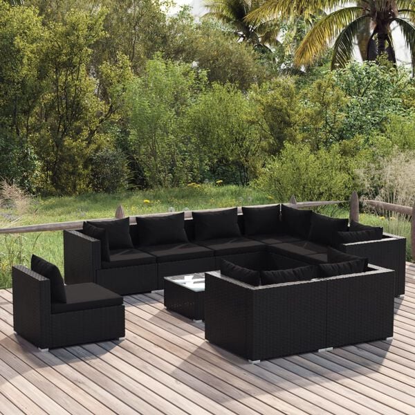 vidaXL 10 Piece Garden Lounge Set with Cushions Poly Rattan Black