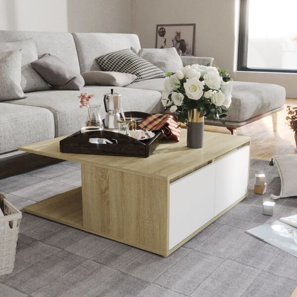 vidaXL Coffee Table White and Sonoma Oak 80x80x31 cm Engineered Wood