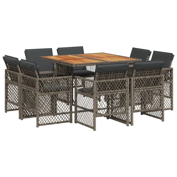 vidaXL 9 Piece Garden Dining Set with Cushions Grey Poly Rattan