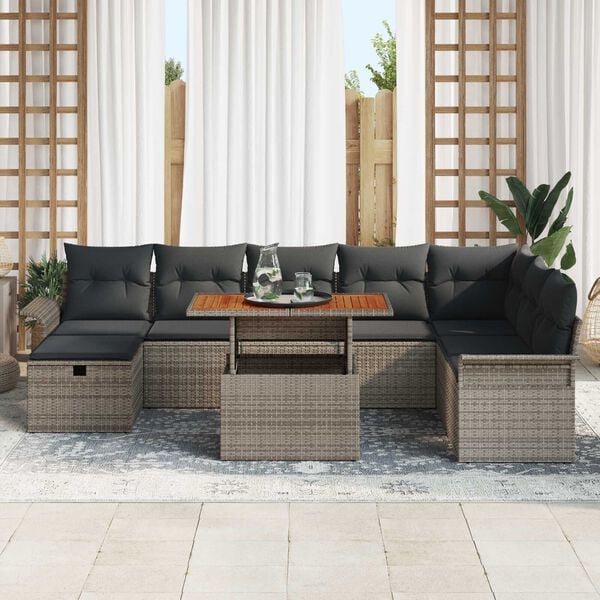 vidaXL Garden Sofa Set with Cushion 9 pcs Grey Poly Rattan