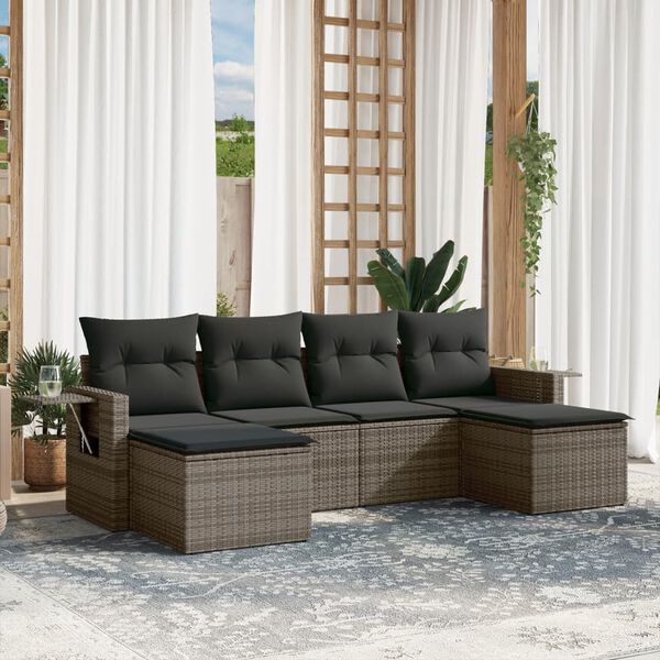 vidaXL 6 Piece Garden Sofa Set with Cushions Grey Poly Rattan