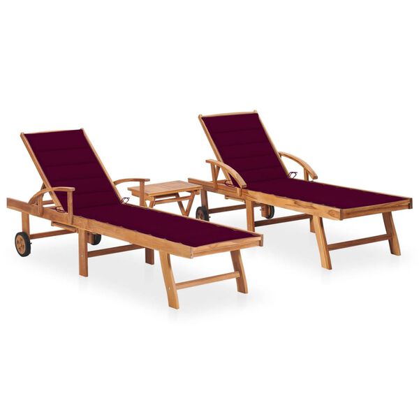 vidaXL Sun Loungers 2 pcs with Table and Cushion Solid Teak Wood