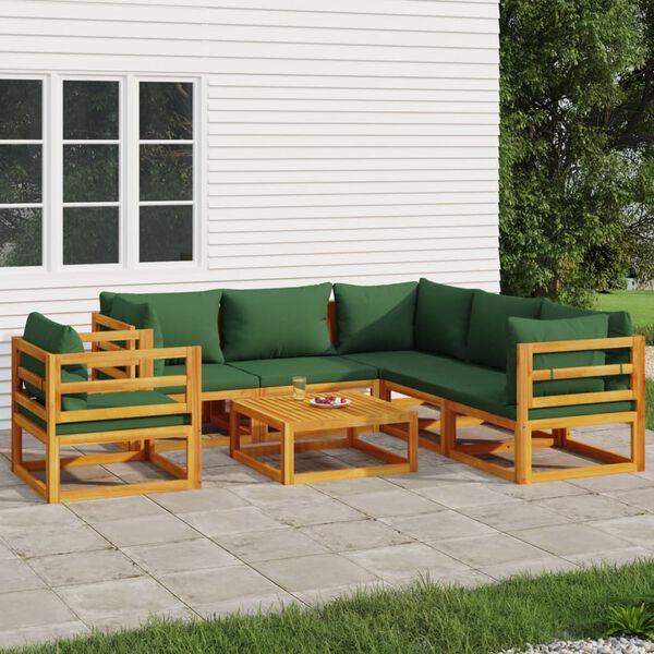 vidaXL 7 Piece Garden Lounge Set with Green Cushions Solid Wood