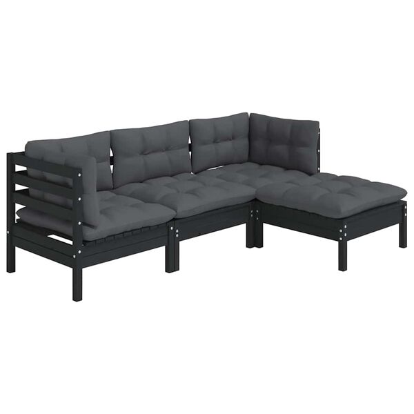 vidaXL 4 Piece Garden Lounge Set with Cushions Black Pinewood