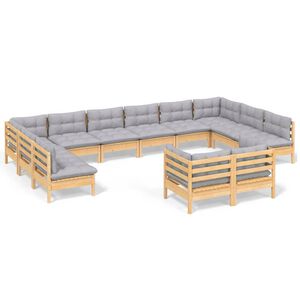 vidaXL 12 Piece Garden Lounge Set with Grey Cushions Solid Pinewood
