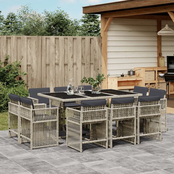 vidaXL 11 Piece Garden Dining Set with Cushions Light Grey Poly Rattan