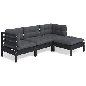 vidaXL 4 Piece Garden Lounge Set with Cushions Black Pinewood