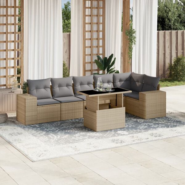 vidaXL 7 Piece Garden Sofa Set with Cushions Beige Poly Rattan