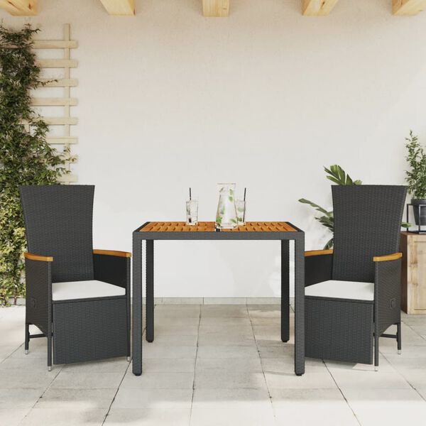 vidaXL 3 Piece Garden Dining Set with Cushions Black Poly Rattan