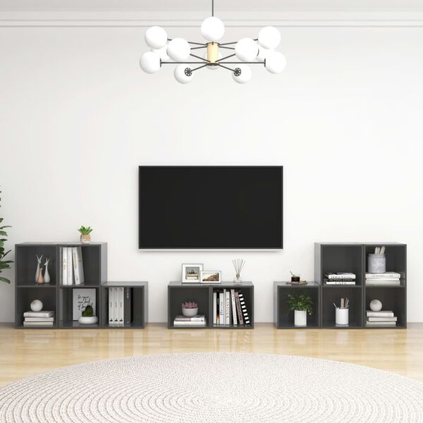 vidaXL 8 Piece TV Cabinet Set High Gloss Grey Engineered Wood